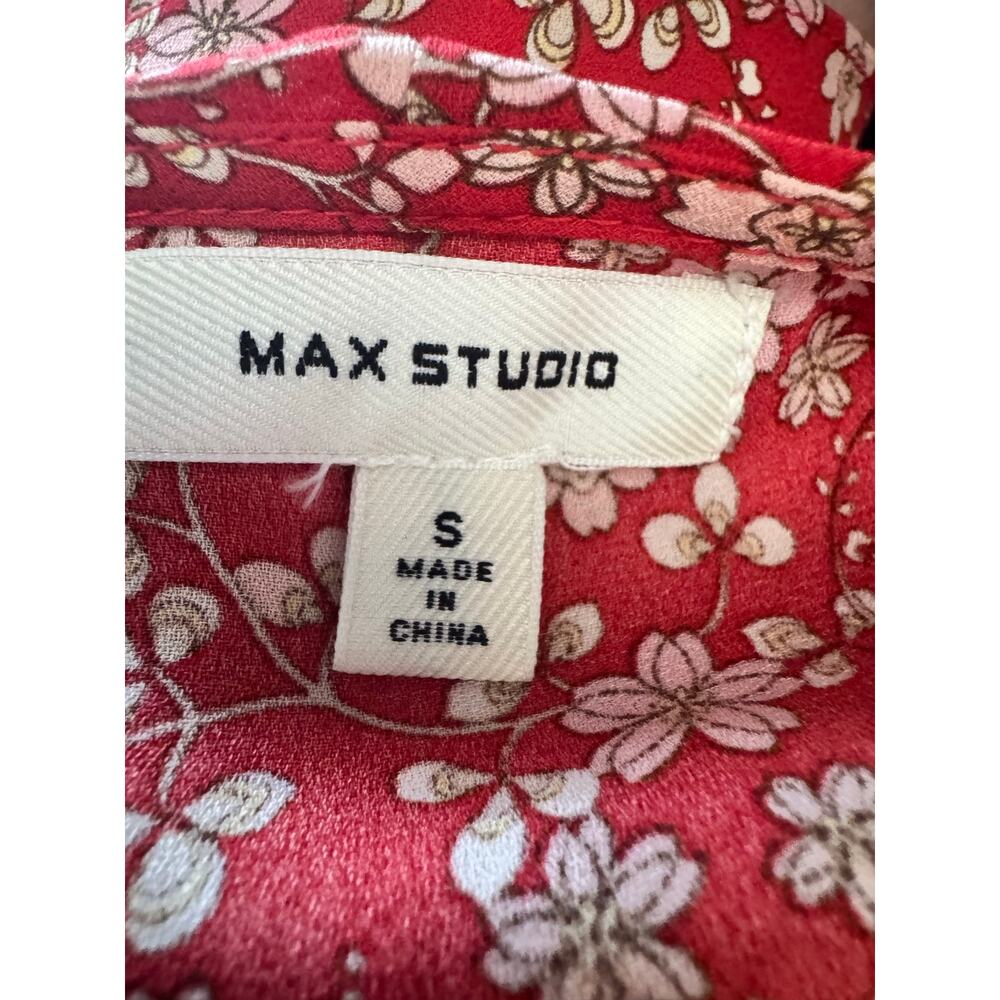 Max Studio Red Ditsy Print Ruffle V Neck Belted Blouse S - Picture 8 of 10
